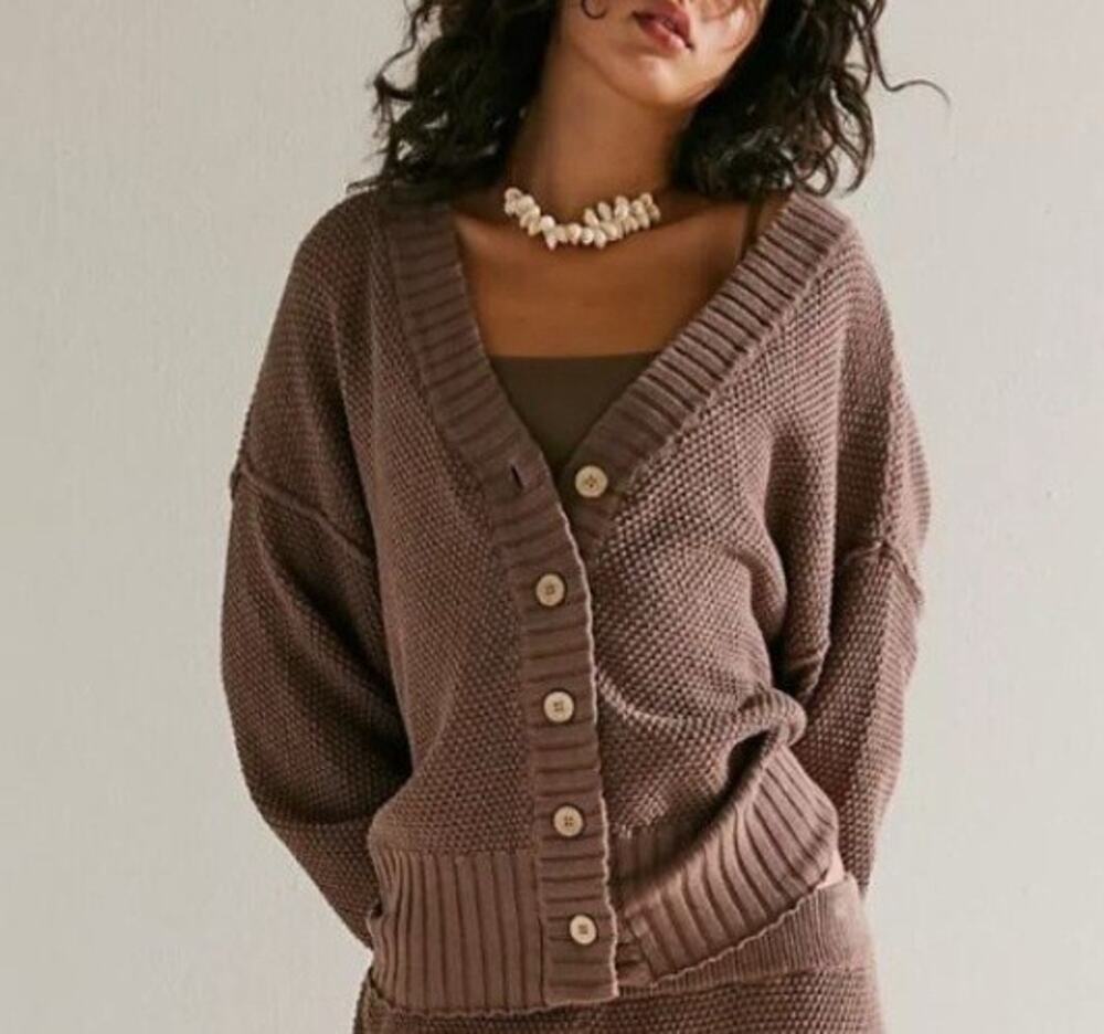 Free People Beach Brown Chunky Knit Oversized Hailee Cardigan Sweater Medium